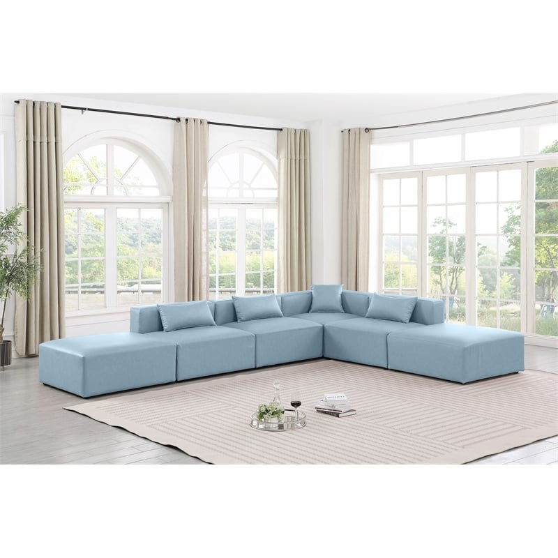 Meridian Furniture Cube Lt. Blue Vegan Leather 6-Pc. L-Shaped Modular Sectional