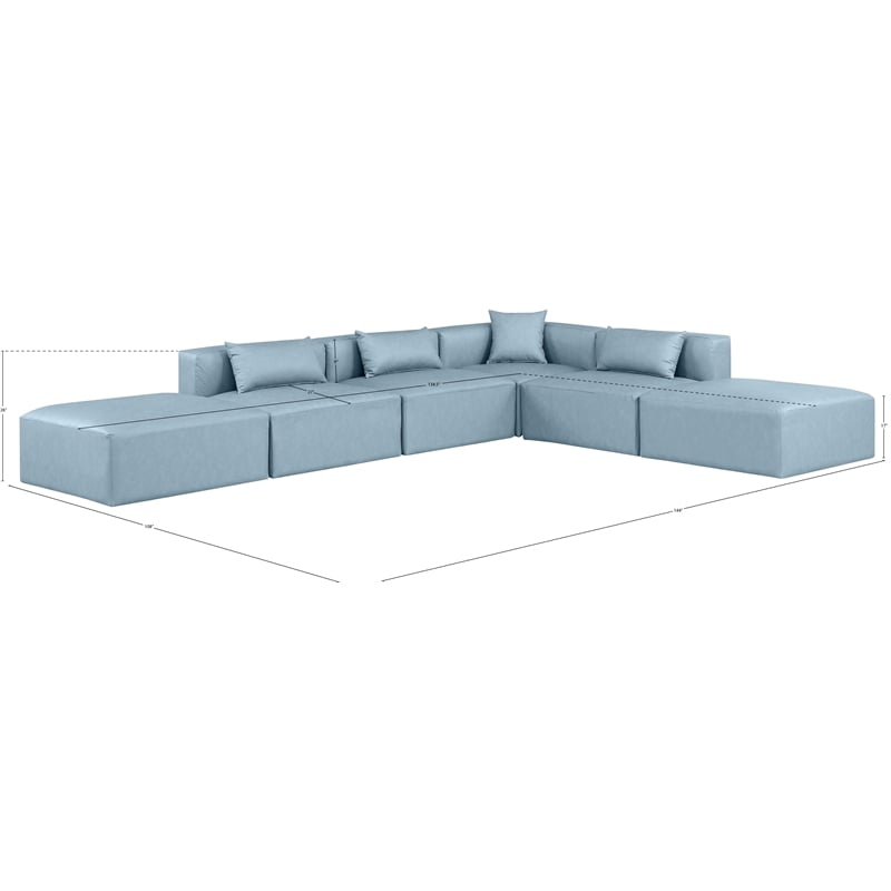 Meridian Furniture Cube Lt. Blue Vegan Leather 6-Pc. L-Shaped Modular Sectional