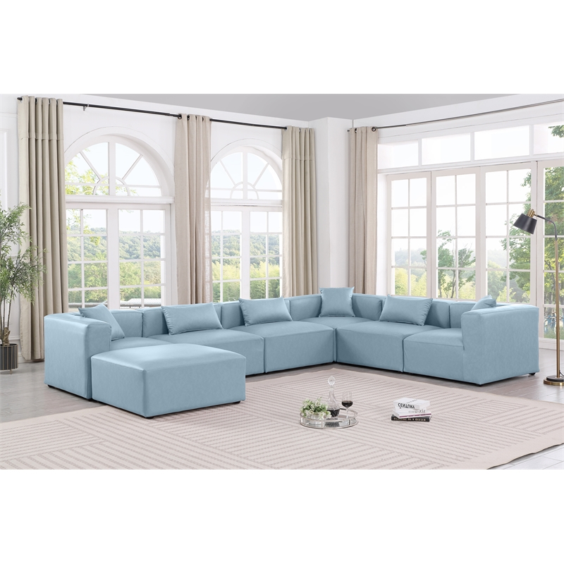 Meridian Furniture Cube Lt. Blue Vegan Leather 7-Pc. U-Shaped Modular Sectional