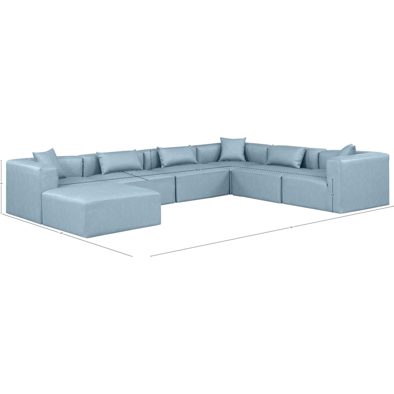 Meridian Furniture Cube Lt. Blue Vegan Leather 7-Pc. U-Shaped Modular Sectional
