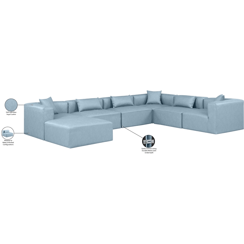 Meridian Furniture Cube Lt. Blue Vegan Leather 7-Pc. U-Shaped Modular Sectional