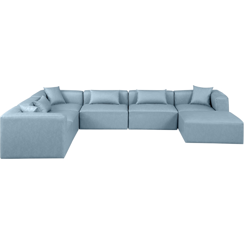 Meridian Furniture Cube Lt. Blue Vegan Leather 7-Pc. U-Shaped Modular Sectional