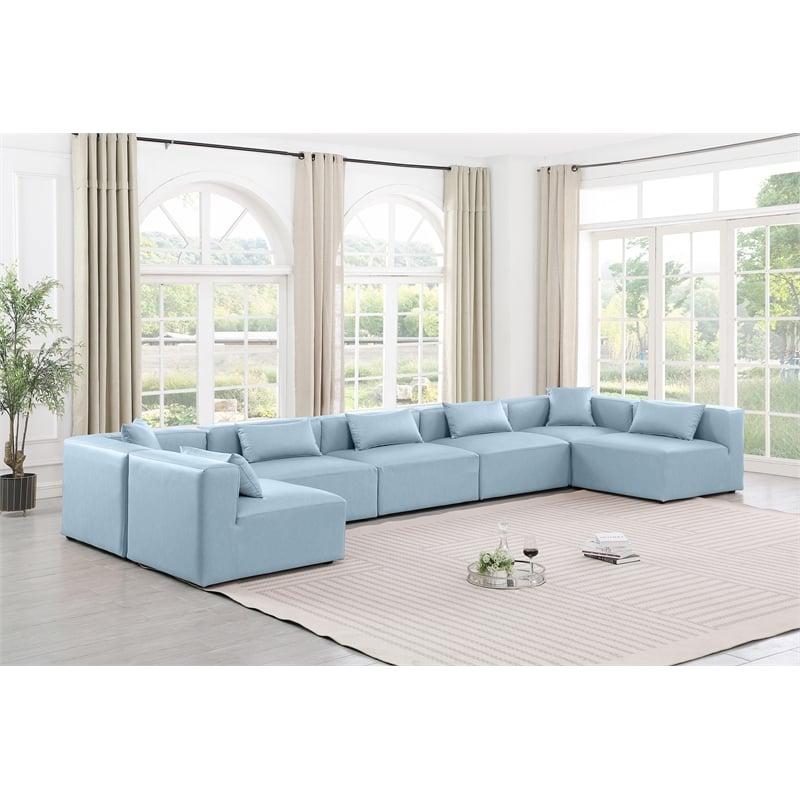 Meridian Furniture Cube Lt. Blue Vegan Leather 7-Pc. U-Shaped Modular Sectional
