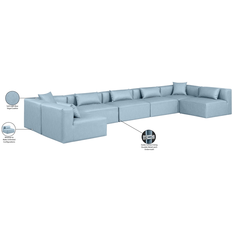 Meridian Furniture Cube Lt. Blue Vegan Leather 7-Pc. U-Shaped Modular Sectional