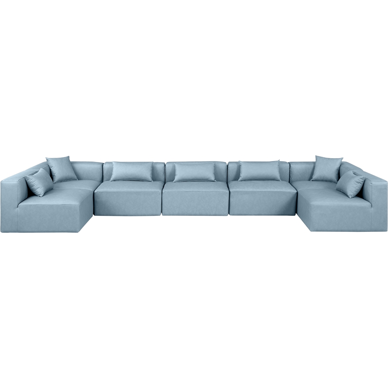 Meridian Furniture Cube Lt. Blue Vegan Leather 7-Pc. U-Shaped Modular Sectional