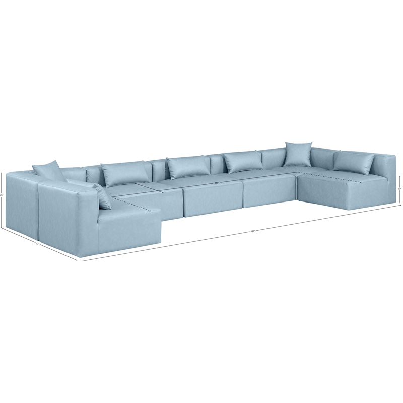 Meridian Furniture Cube Lt. Blue Vegan Leather 7-Pc. U-Shaped Modular Sectional