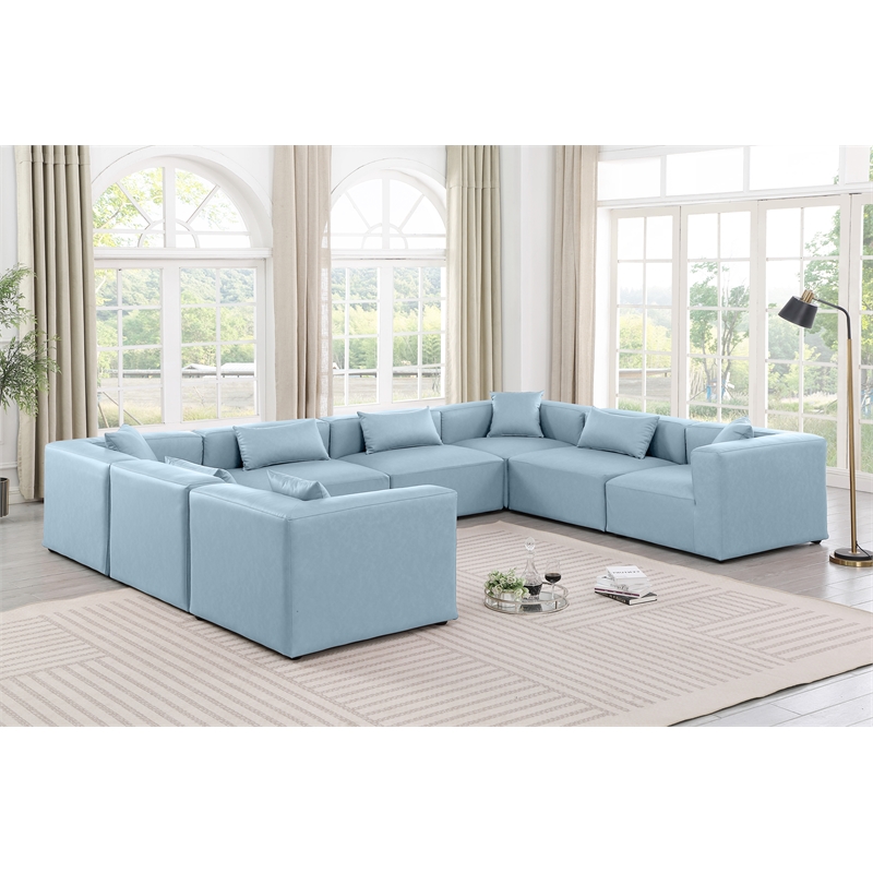 Meridian Furniture Cube Lt. Blue Vegan Leather 8-Pc. U-Shaped Modular Sectional