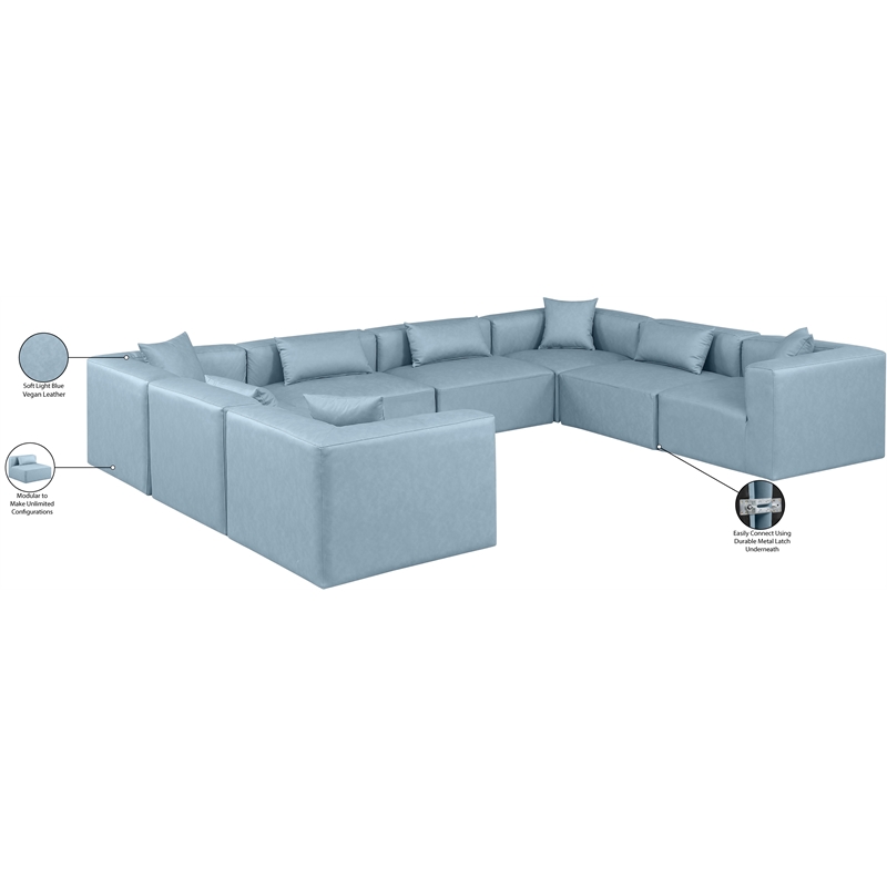 Meridian Furniture Cube Lt. Blue Vegan Leather 8-Pc. U-Shaped Modular Sectional