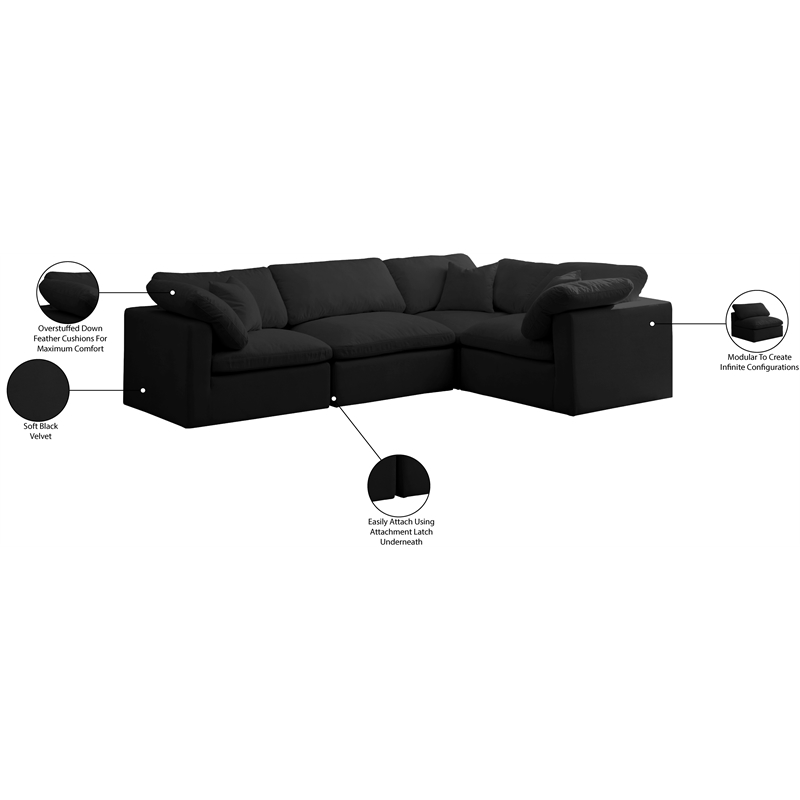 Meridian Furniture Plush Contemporary Velvet Modular Sectional in Black
