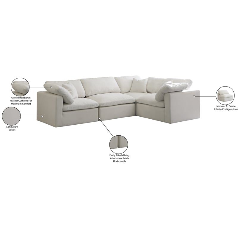 Meridian Furniture Plush Contemporary Velvet Modular Sectional in Cream