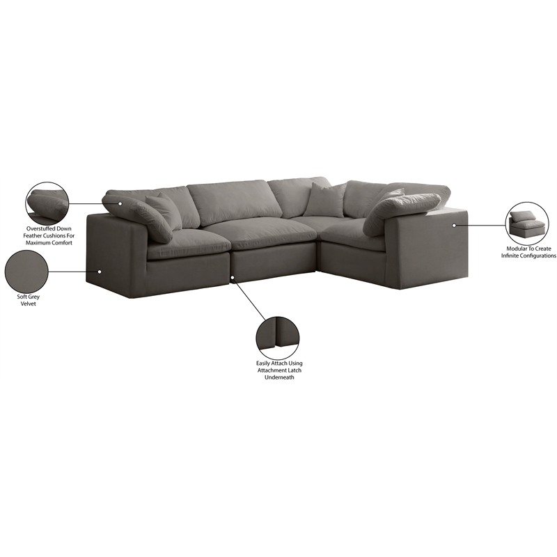 Meridian Furniture Plush Contemporary Velvet Modular Sectional in Gray