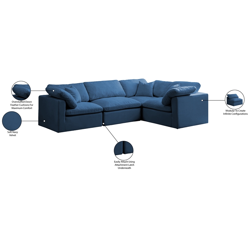 Meridian Furniture Plush Contemporary Velvet Modular Sectional in Navy