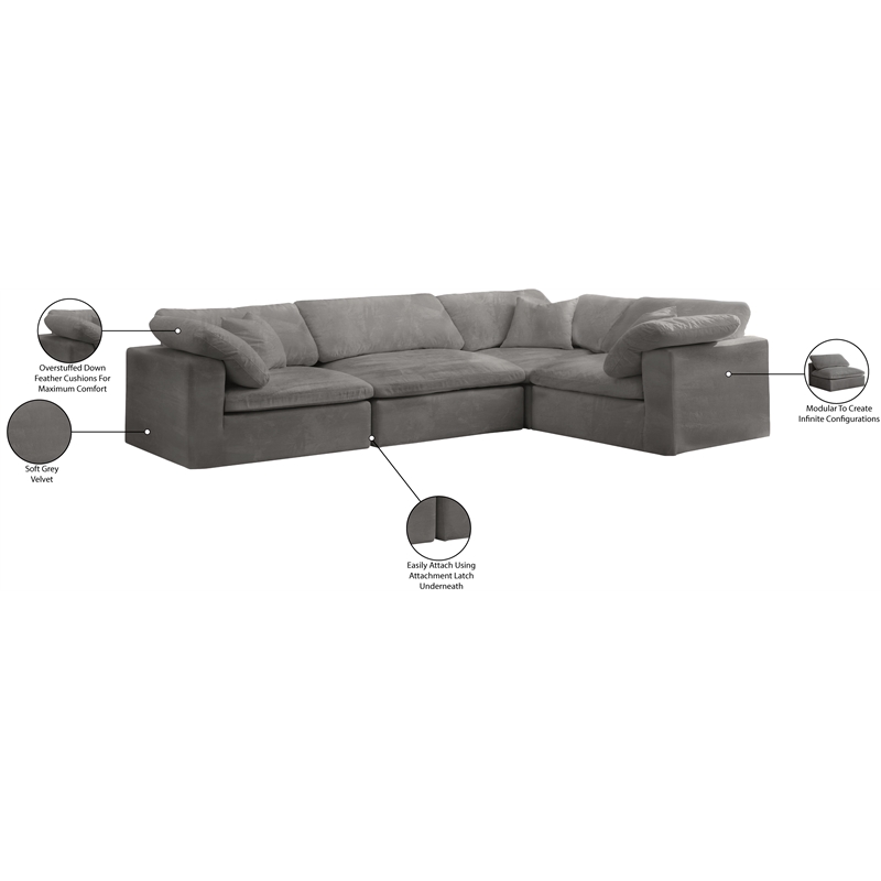 Meridian Furniture Cozy Contemporary Velvet Modular Sectional in Gray