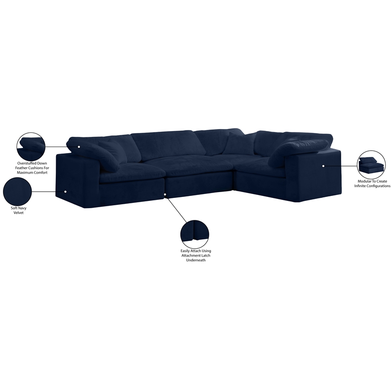 Meridian Furniture Cozy Contemporary Velvet Modular Sectional in Navy