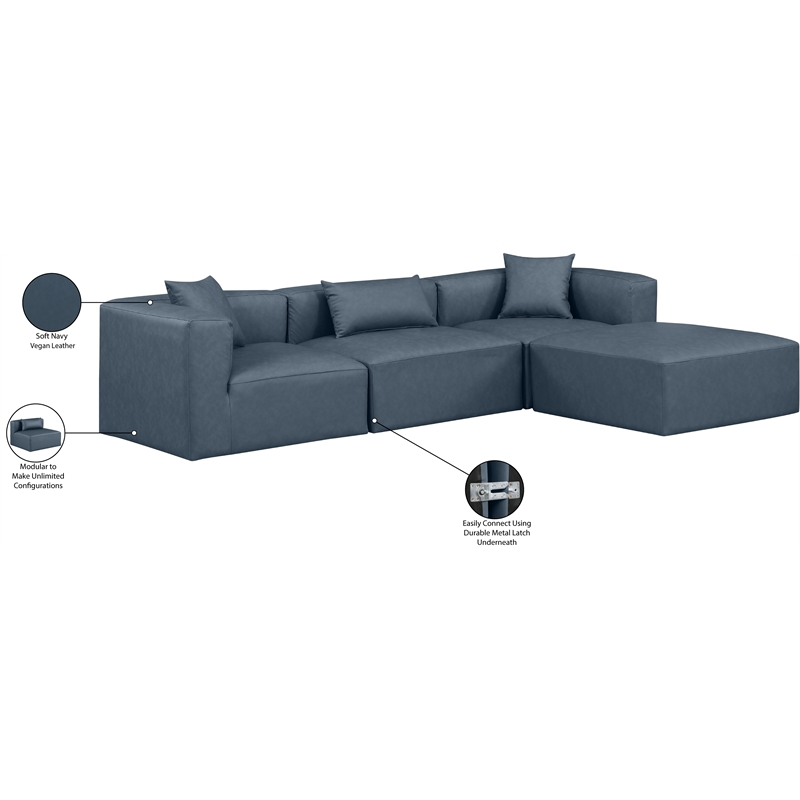 Meridian Furniture Cube Navy Blue Vegan Leather 4-Pc. L-Shaped Modular Sectional