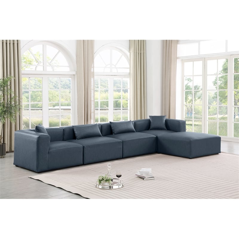 Meridian Furniture Cube Navy Blue Vegan Leather 5-Pc. L-Shaped Modular Sectional
