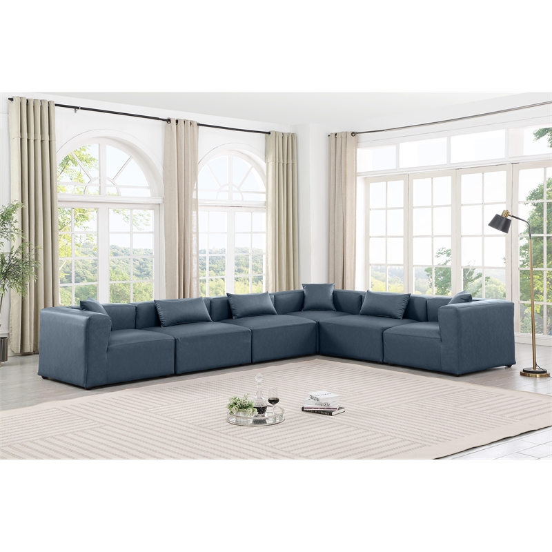 Meridian Furniture Cube Navy Blue Vegan Leather 6-Pc. L-Shaped Modular Sectional