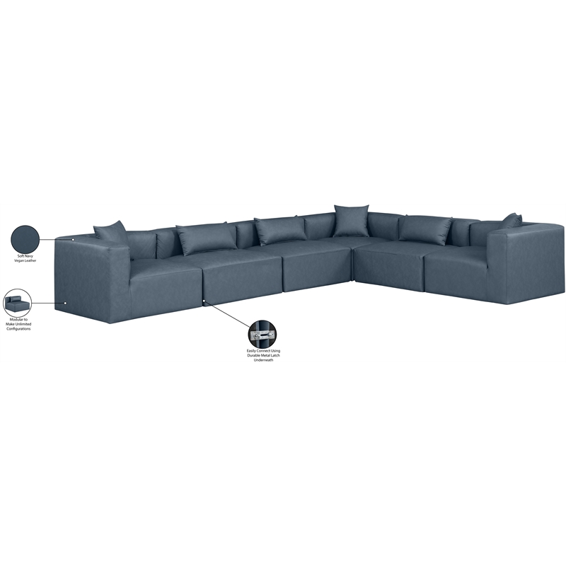 Meridian Furniture Cube Navy Blue Vegan Leather 6-Pc. L-Shaped Modular Sectional