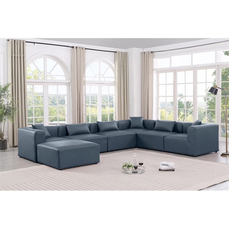 Meridian Furniture Cube Navy Blue Vegan Leather 7-Pc. U-Shaped Modular Sectional