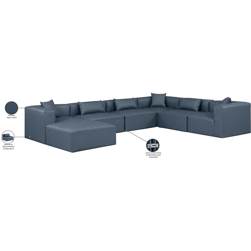 Meridian Furniture Cube Navy Blue Vegan Leather 7-Pc. U-Shaped Modular Sectional