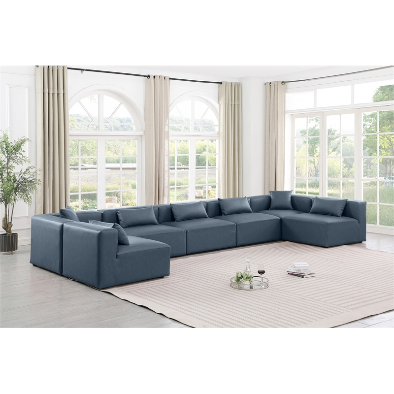 Meridian Furniture Cube Navy Blue Vegan Leather 7-Pc. U-Shaped Modular Sectional