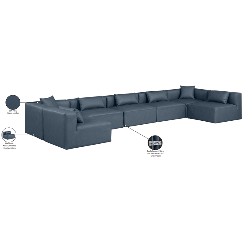 Meridian Furniture Cube Navy Blue Vegan Leather 7-Pc. U-Shaped Modular Sectional