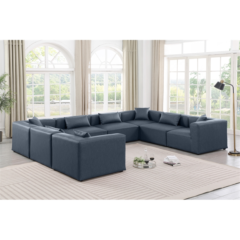 Meridian Furniture Cube Navy Blue Vegan Leather 8-Pc. U-Shaped Modular Sectional