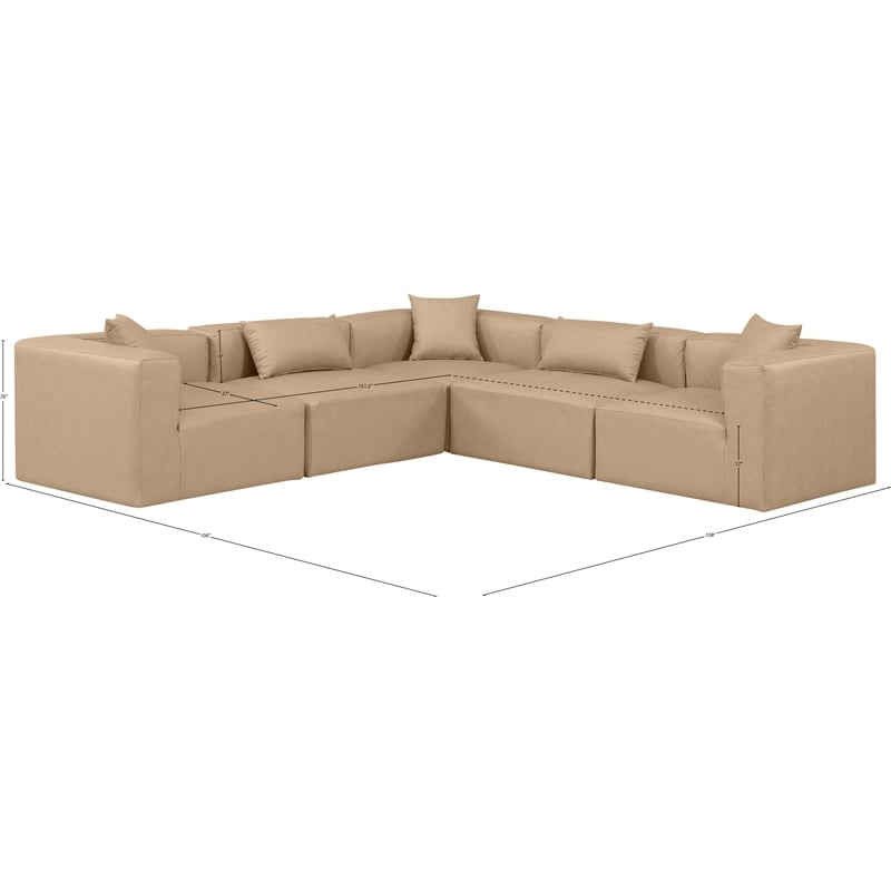 Meridian Furniture Cube Tan Vegan Leather 5-Pc. L-Shaped Modular Sectional