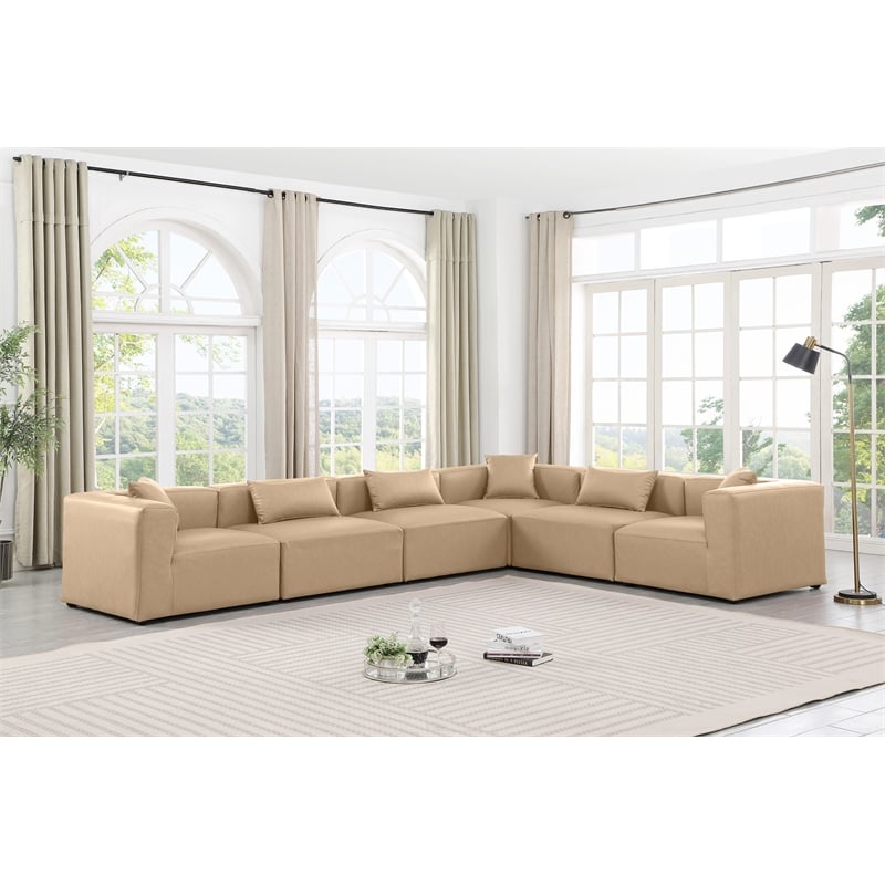 Meridian Furniture Cube Tan Vegan Leather 6-Pc. L-Shaped Modular Sectional