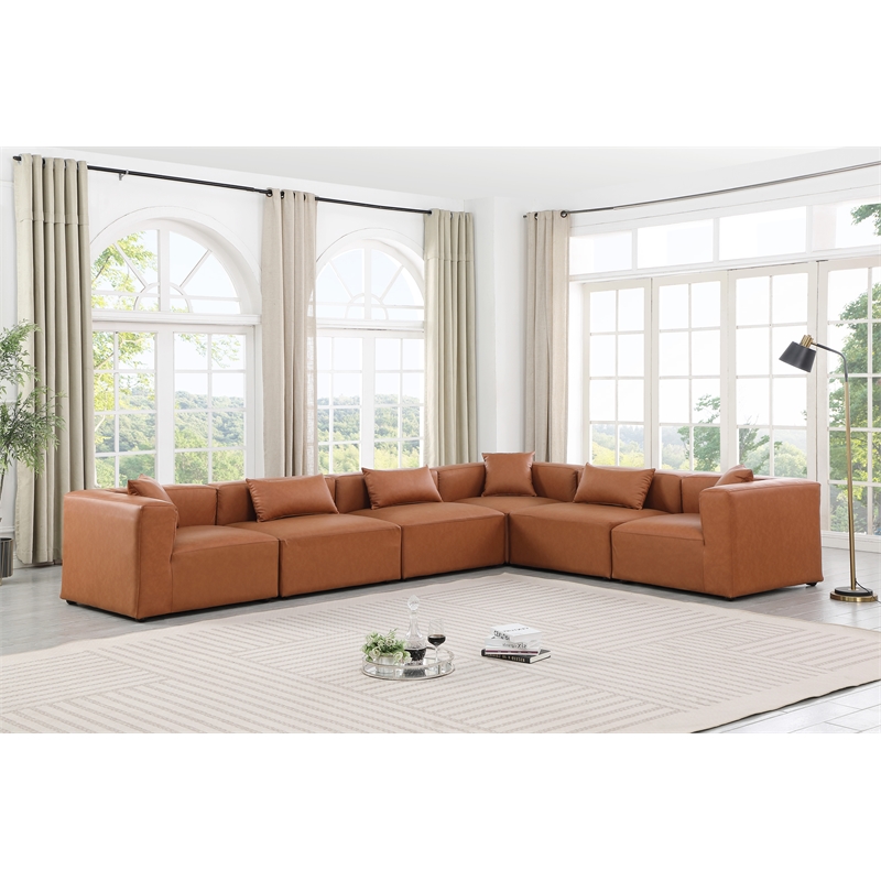 Meridian Furniture Cube Cognac Vegan Leather 6-Pc. L-Shaped Modular Sectional