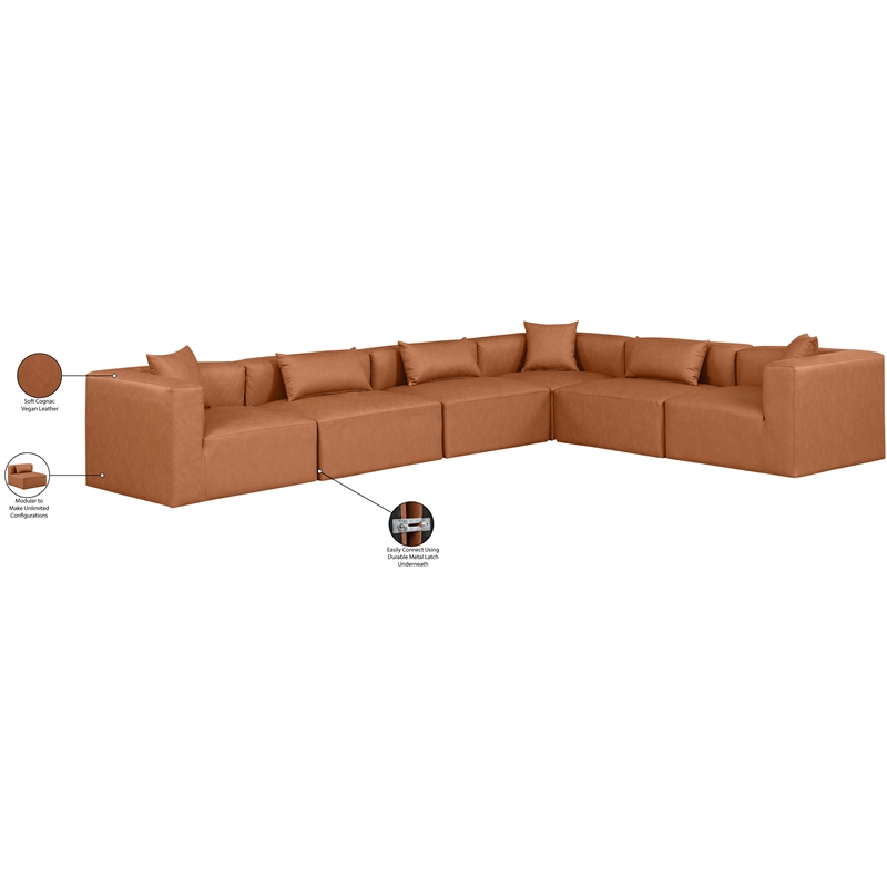 Meridian Furniture Cube Cognac Vegan Leather 6-Pc. L-Shaped Modular Sectional