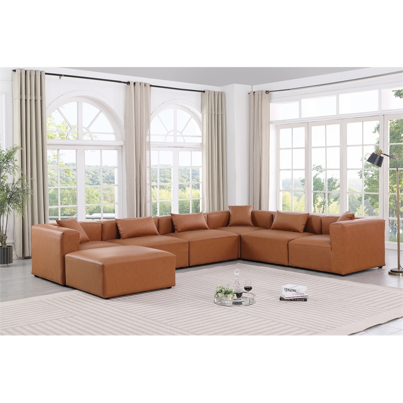 Meridian Furniture Cube Cognac Vegan Leather 7-Pc. U-Shaped Modular Sectional