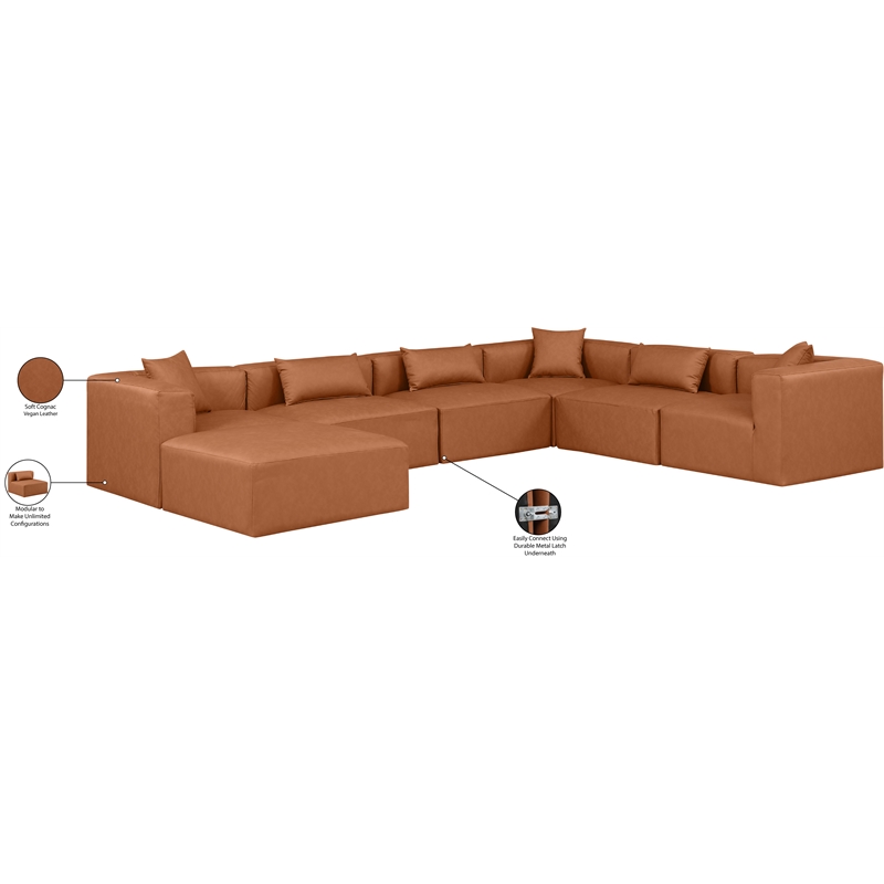 Meridian Furniture Cube Cognac Vegan Leather 7-Pc. U-Shaped Modular Sectional