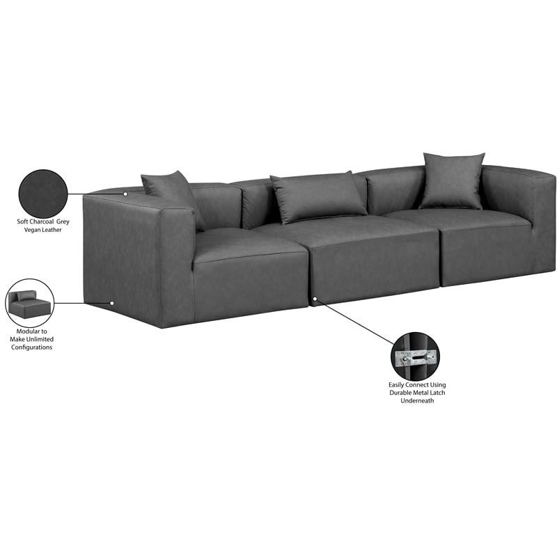 Meridian Furniture Cube Charcoal Grey Vegan Leather 3-Pc. Modular Sofa