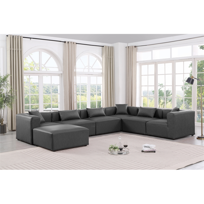 Meridian Furniture Cube Grey Vegan Leather 7-Pc. U-Shaped Modular Sectional
