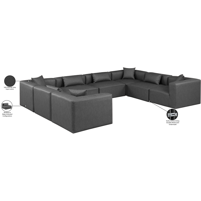 Meridian Furniture Cube Grey Vegan Leather 8-Pc. U-Shaped Modular Sectional