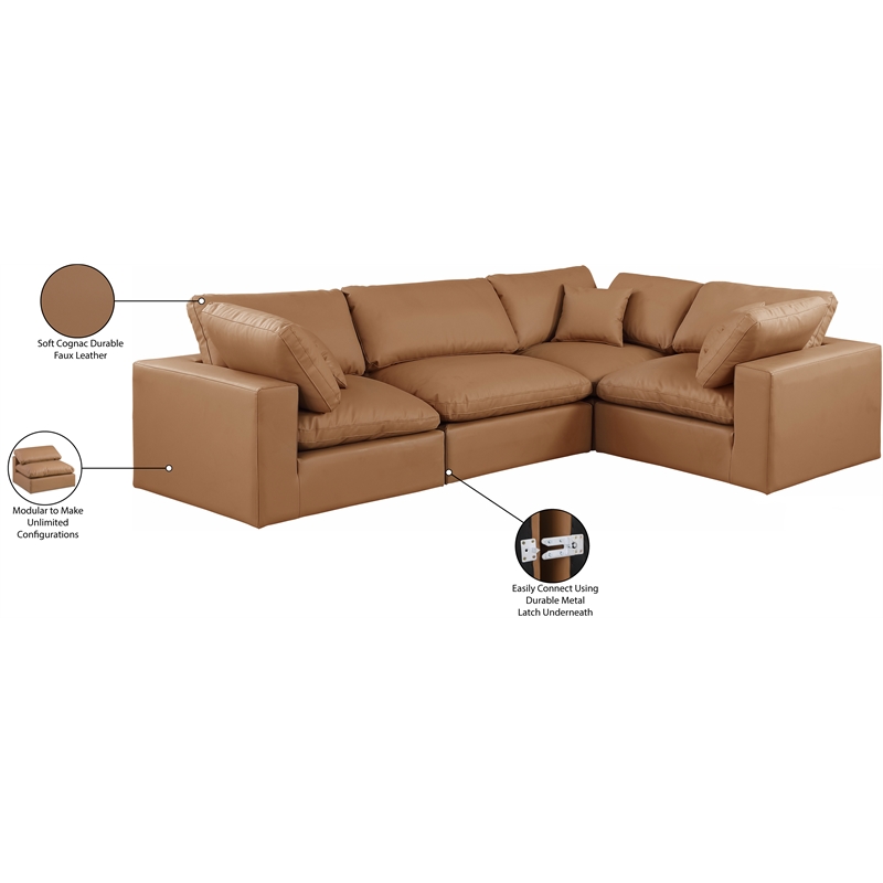 Meridian Furniture Comfy Cognac Vegan Leather 4-Pc. Modular Sectional