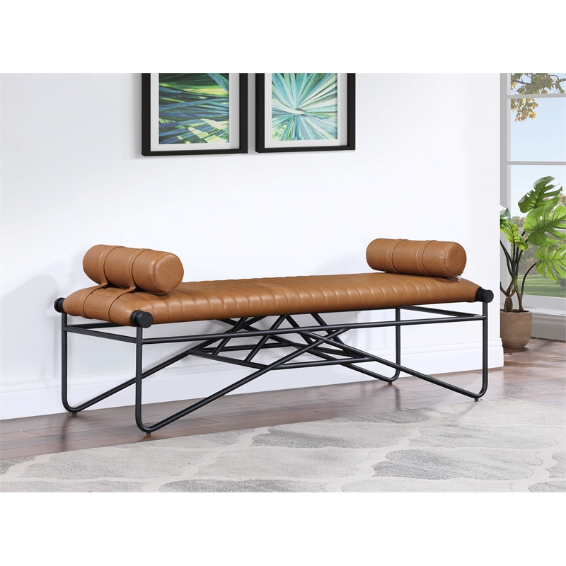 Meridian Furniture Gatsby Cognac Vegan Leather and Iron Metal Bench