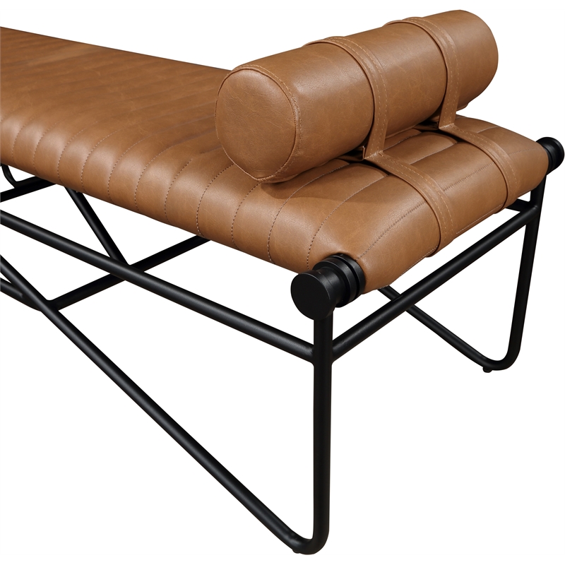 Meridian Furniture Gatsby Cognac Vegan Leather and Iron Metal Bench