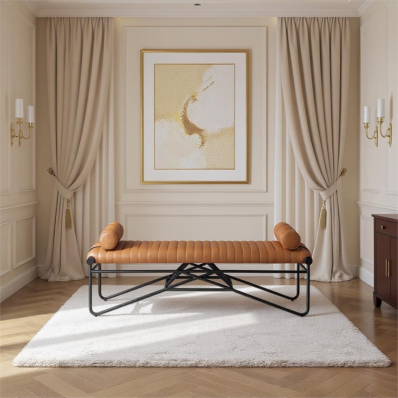 Meridian Furniture Gatsby Cognac Vegan Leather and Iron Metal Bench