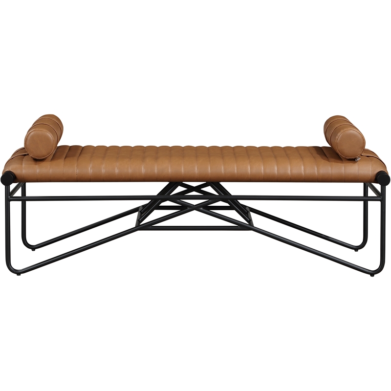 Meridian Furniture Gatsby Cognac Vegan Leather and Iron Metal Bench