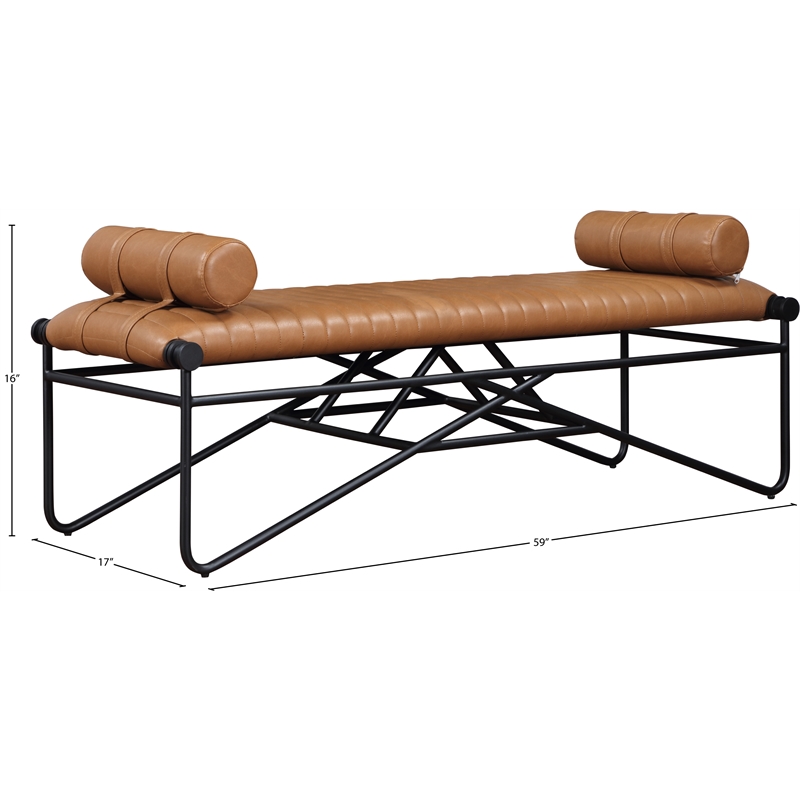 Meridian Furniture Gatsby Cognac Vegan Leather and Iron Metal Bench
