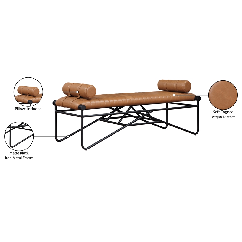 Meridian Furniture Gatsby Cognac Vegan Leather and Iron Metal Bench