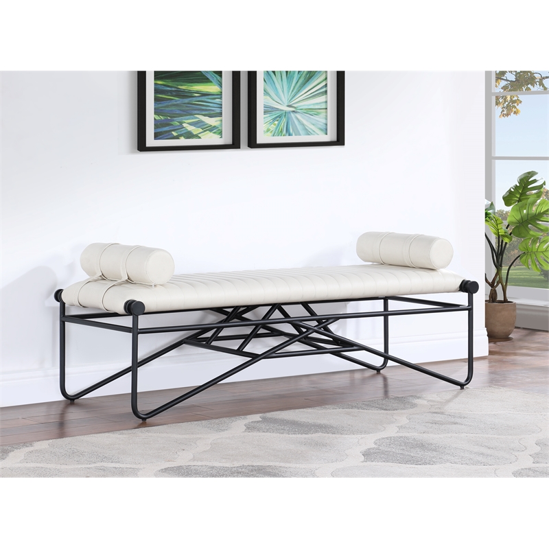 Meridian Furniture Gatsby Cream Vegan Leather and Iron Metal Bench