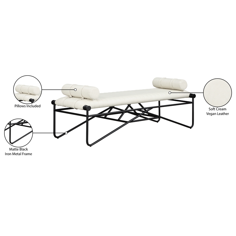 Meridian Furniture Gatsby Cream Vegan Leather and Iron Metal Bench