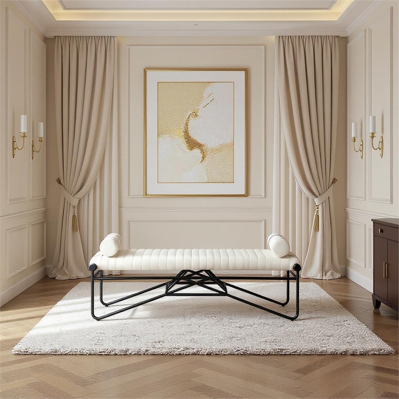 Meridian Furniture Gatsby Cream Vegan Leather and Iron Metal Bench