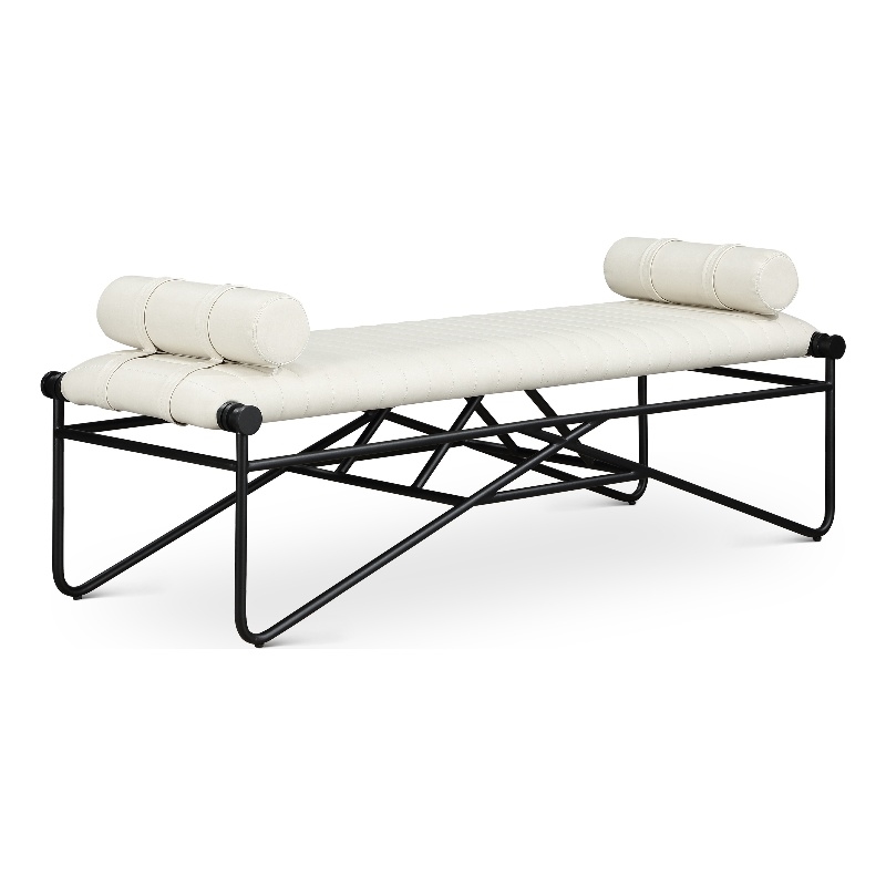 Meridian Furniture Gatsby Cream Vegan Leather and Iron Metal Bench