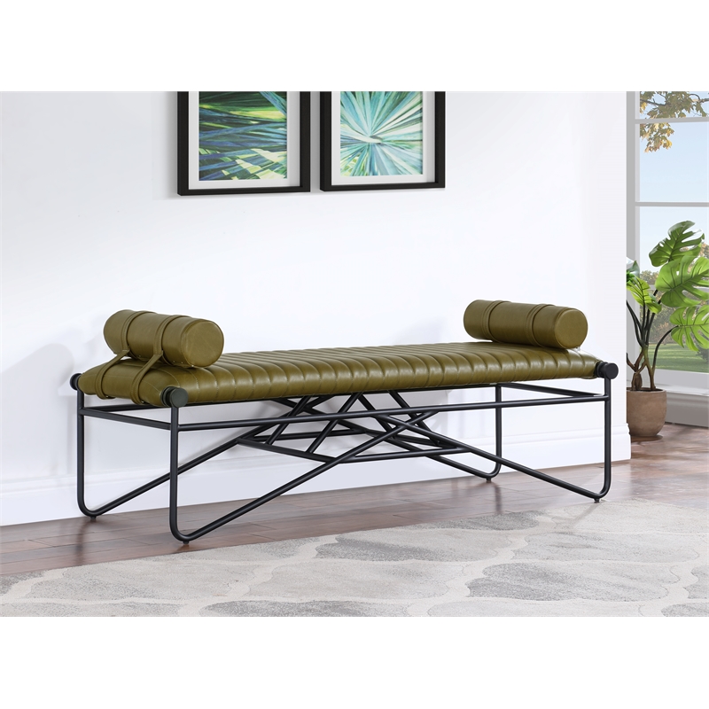 Meridian Furniture Gatsby Olive Vegan Leather and Iron Metal Bench