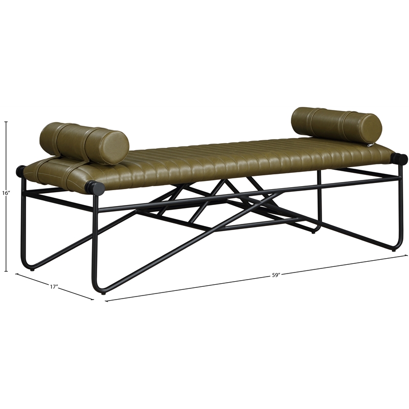 Meridian Furniture Gatsby Olive Vegan Leather and Iron Metal Bench