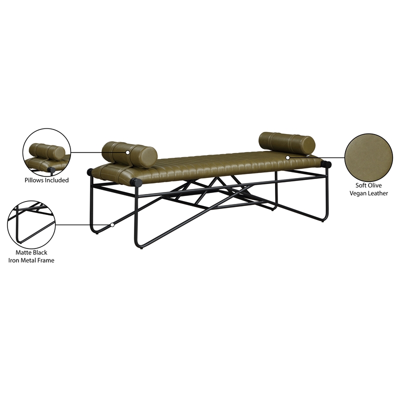 Meridian Furniture Gatsby Olive Vegan Leather and Iron Metal Bench